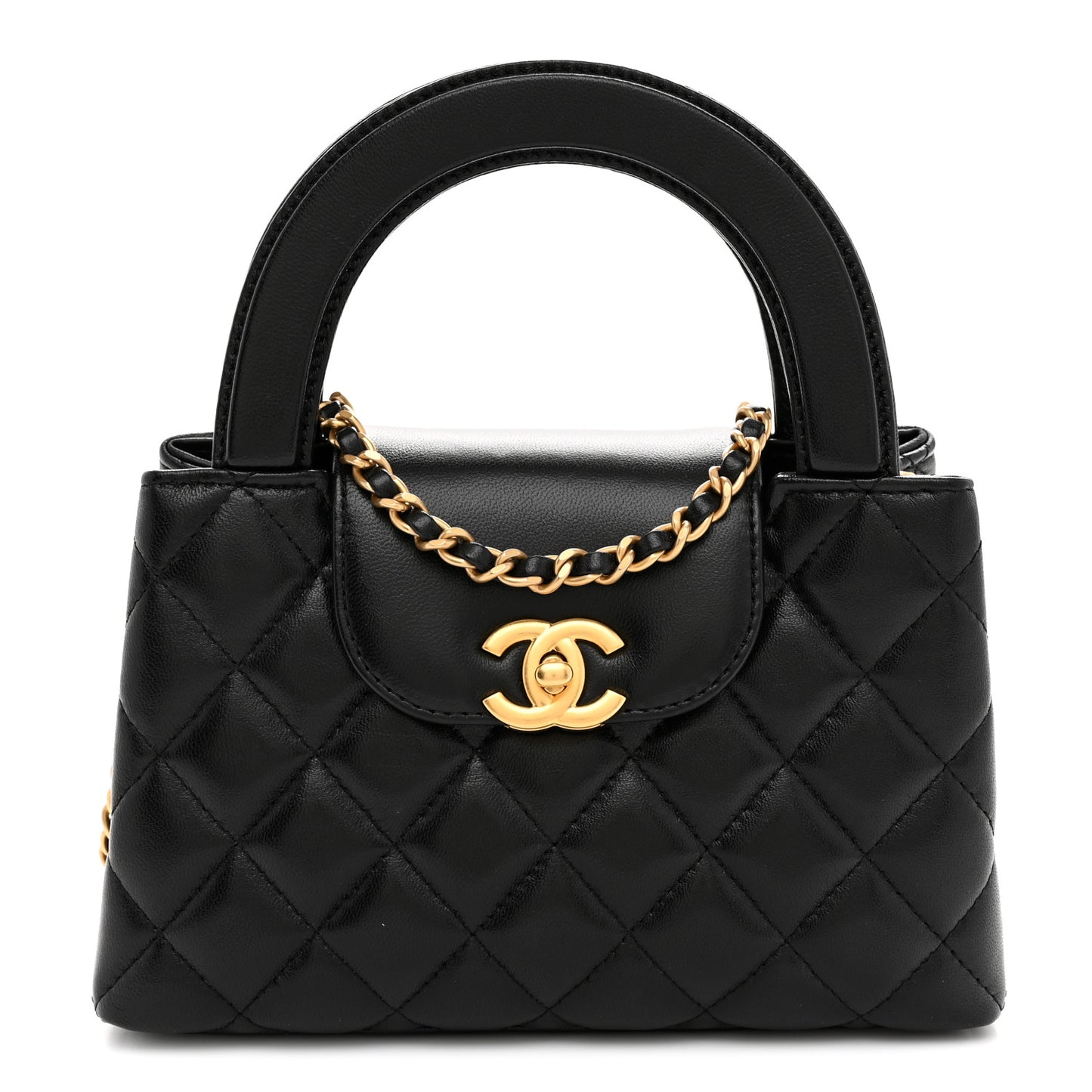Shiny Aged Calfskin Quilted Nano Kelly Shopper Black