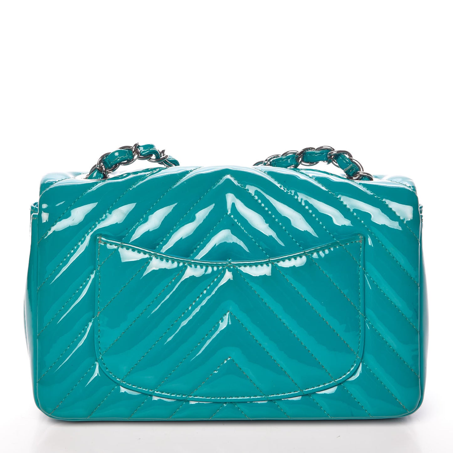 Patent Calfskin Chevron Quilted Mini Rectangular Flap Blue