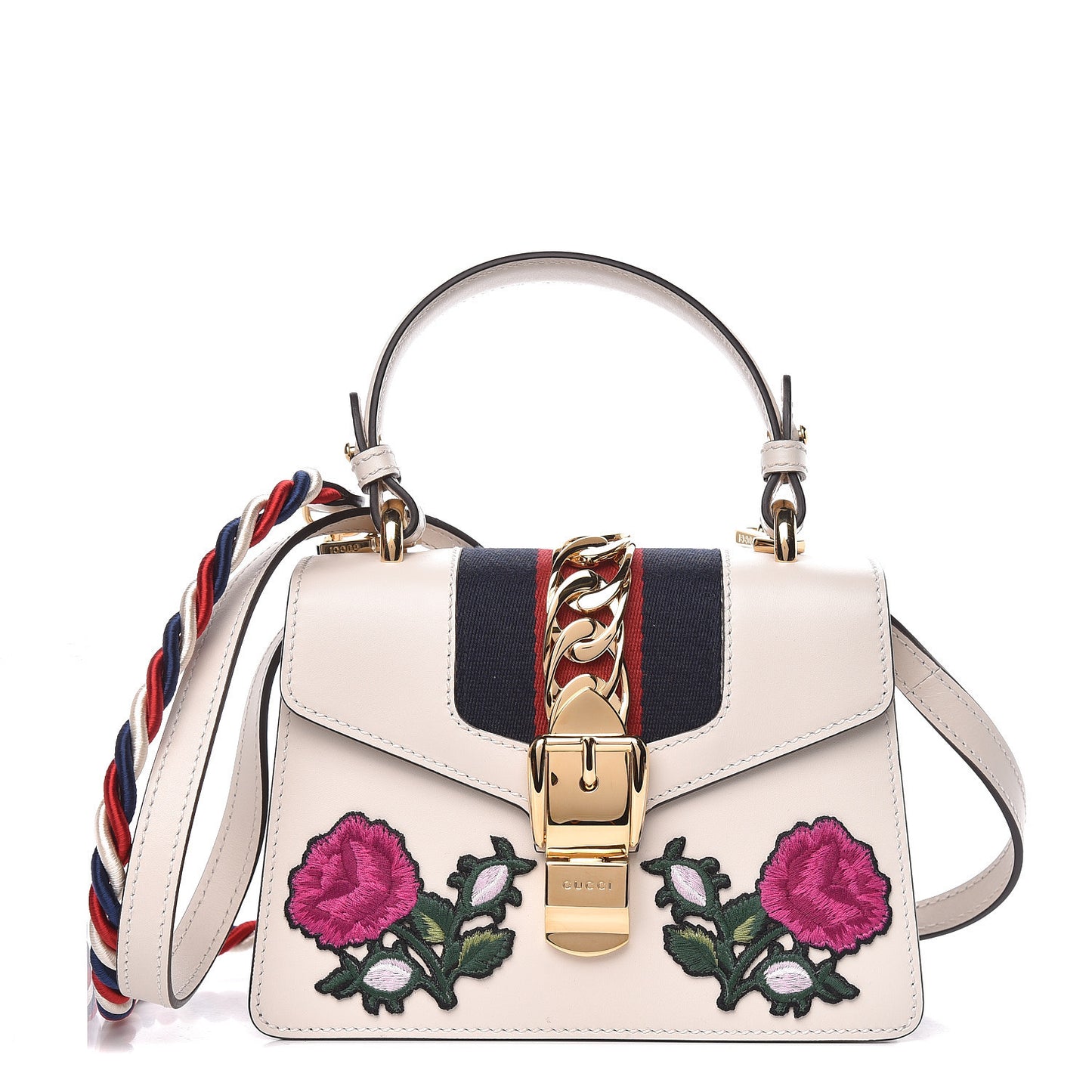 Calfskin Embroidered Mini Sylvie Top Handle Bag White