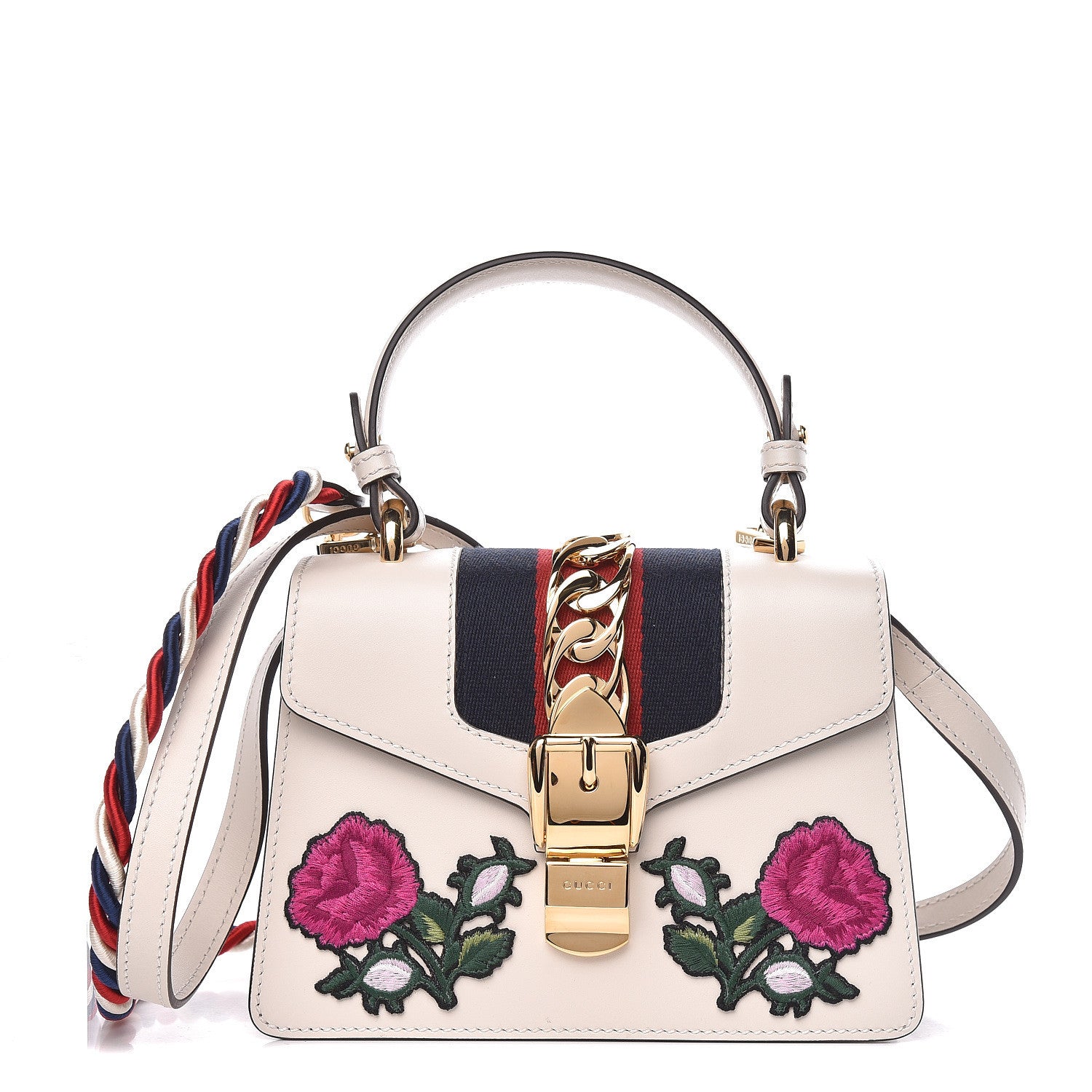 Gucci Calfskin Embroidered Mini Sylvie Top Handle Bag White 1 of 11
