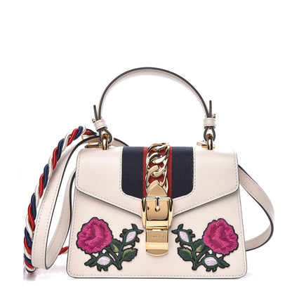 Gucci Calfskin Embroidered Mini Sylvie Top Handle Bag White 1 of 11