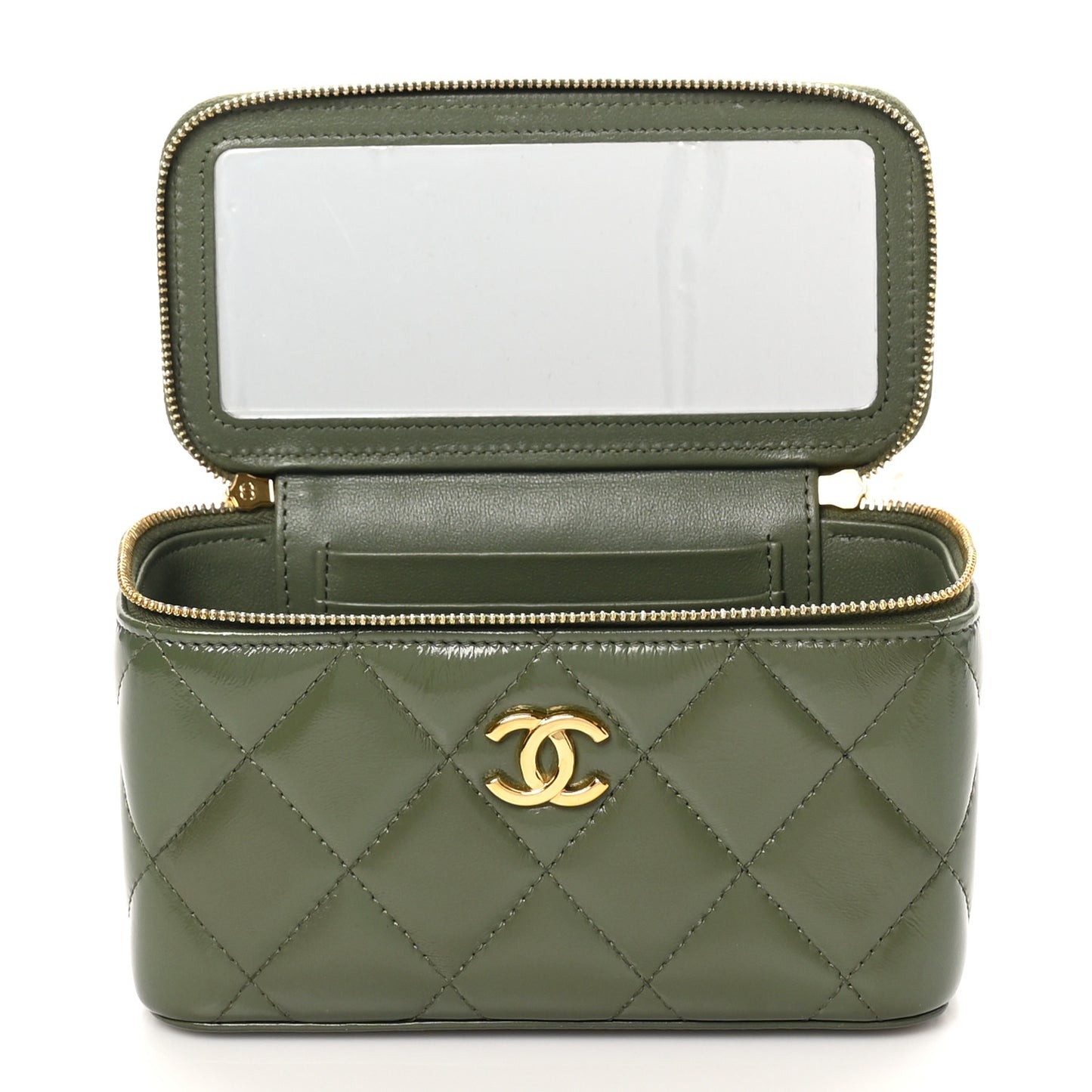 Shiny Crumpled Calfskin Quilted Pick Me Up Vanity Case Khaki
