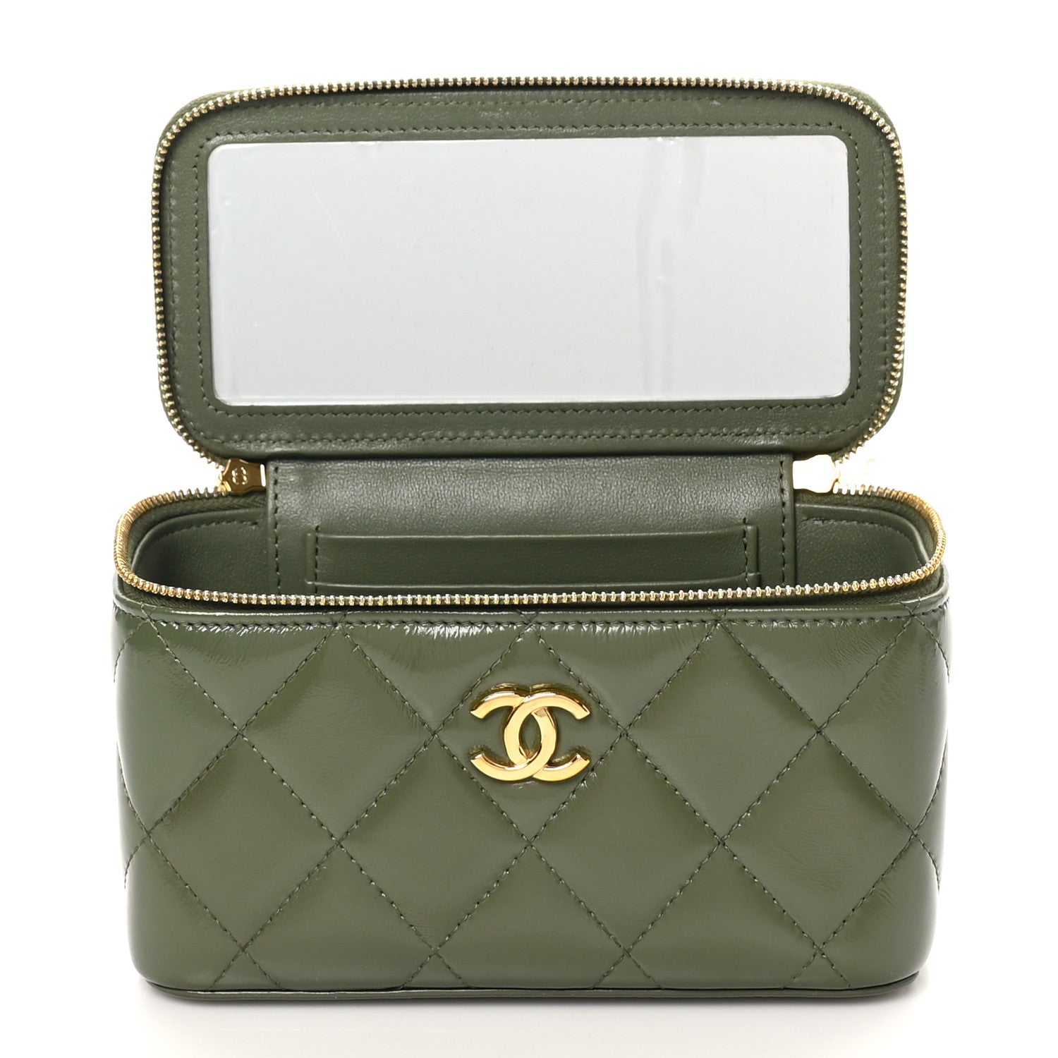 Chanel Shiny Crumpled Calfskin Quilted Pick Me Up Vanity Case Khaki 7 of 11