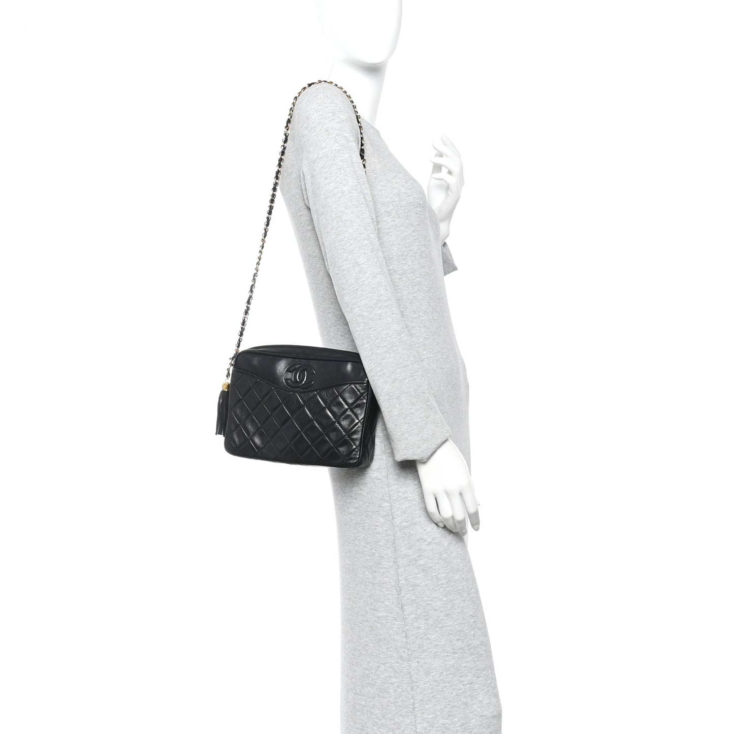 Lambskin Quilted CC Tassel Camera Case Black