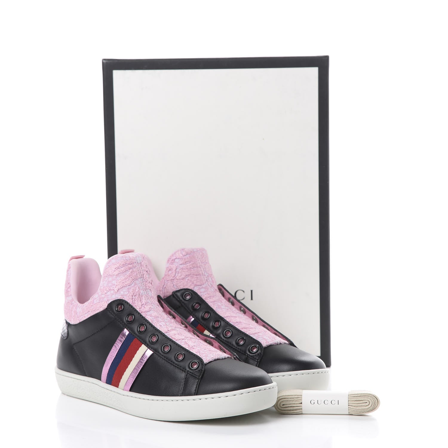 Gucci Calfskin Lace Sylvie Web Womens New Ace High Top Sneakers 36.5 Black 9 of 9