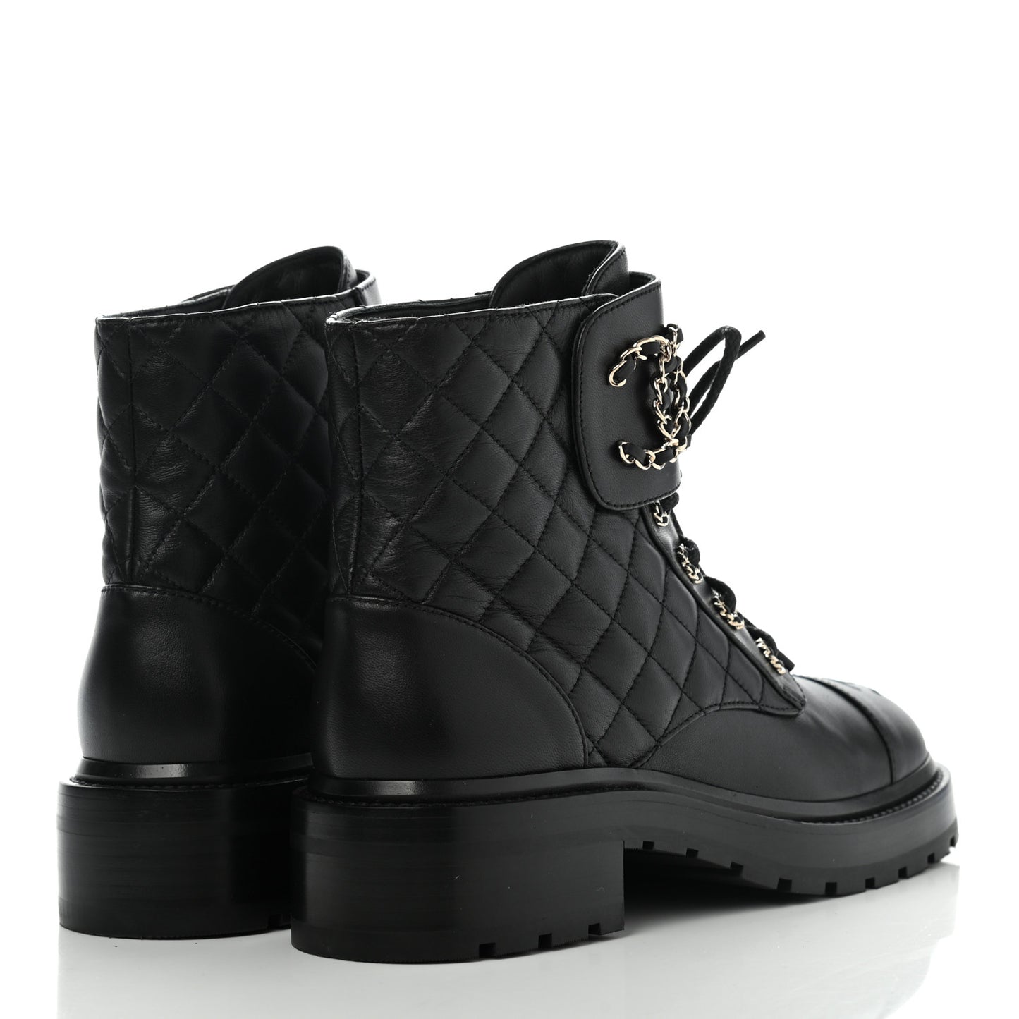 Shiny Lambskin Quilted Lace Up Combat Boots 38 Black