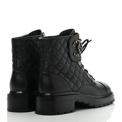 Chanel Shiny Lambskin Quilted Lace Up Combat Boots 38 Black 4 of 11