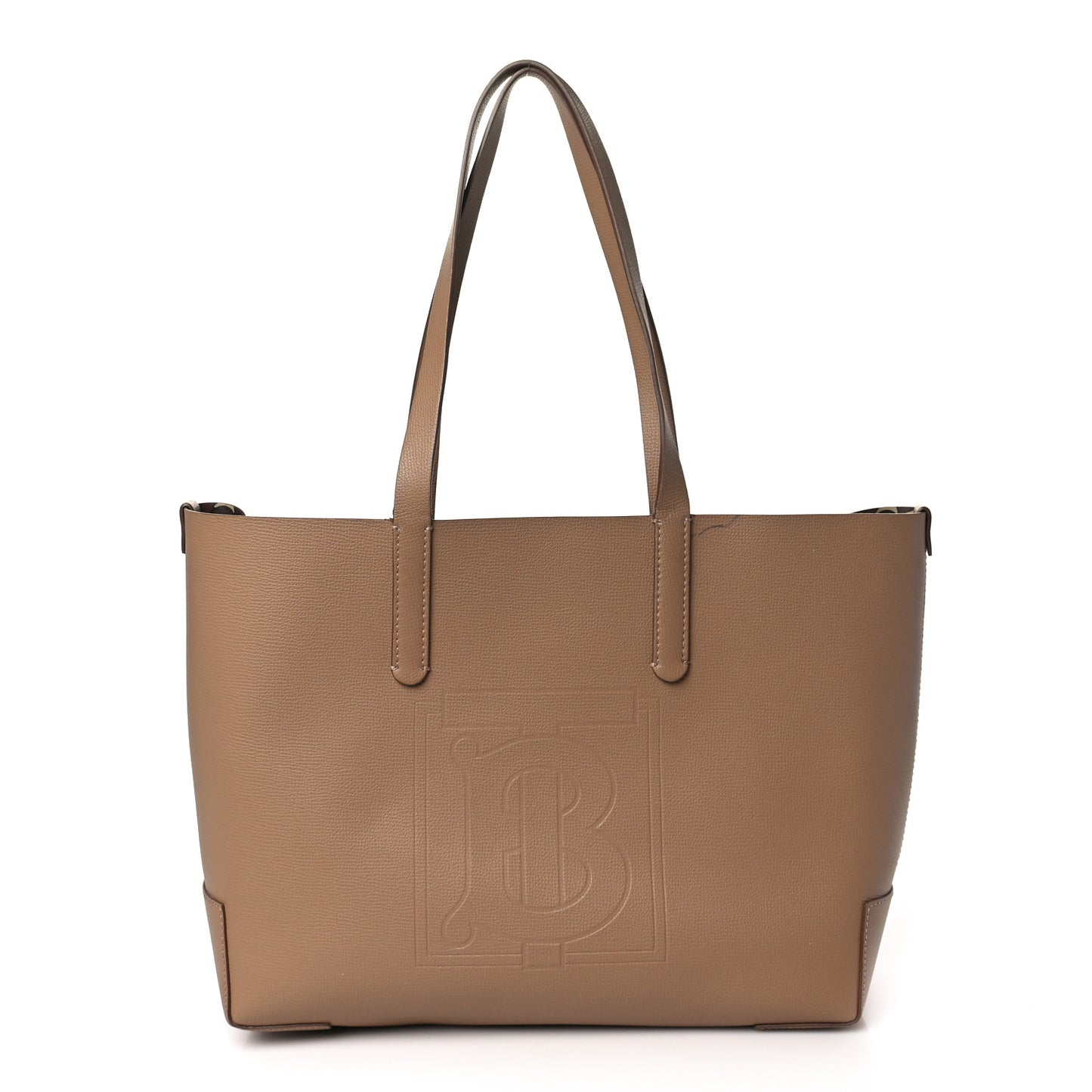 Calfskin TB Motif Embossed Medium Tote Camel