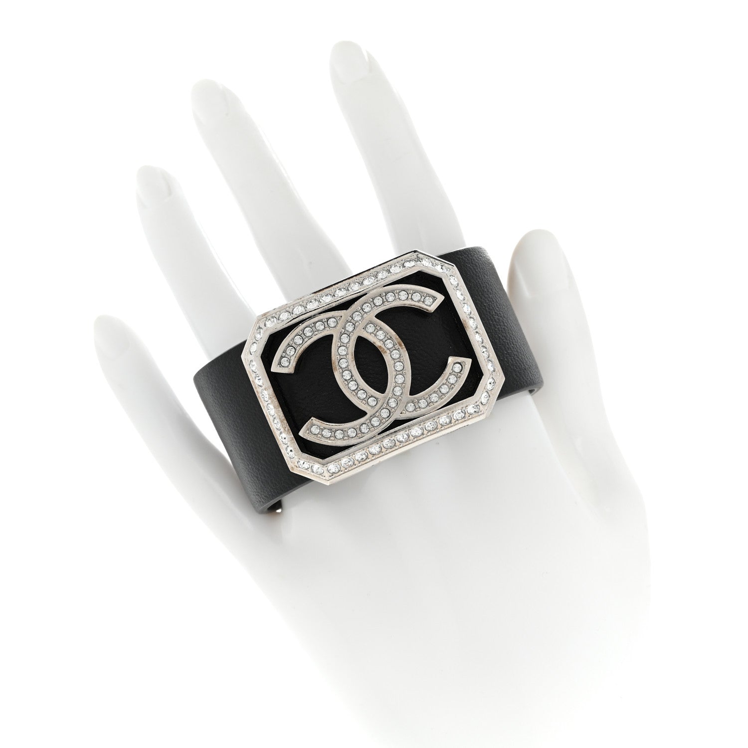 Chanel Calfskin Crystal CC Cuff Bracelet M Black 2 of 9