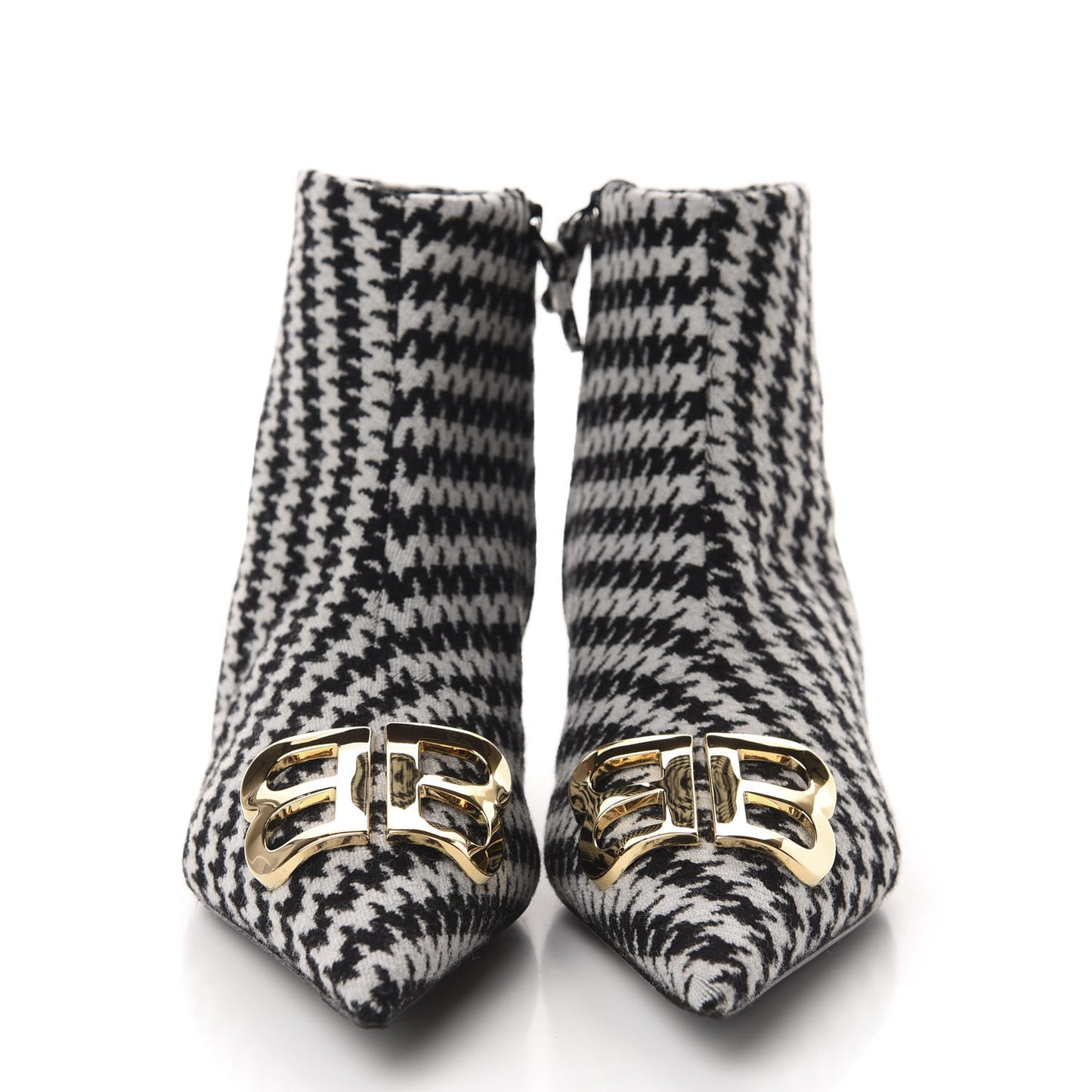 Wool Houndstooth BB Pointy Toe Ankle Booties 41 Black Ivory