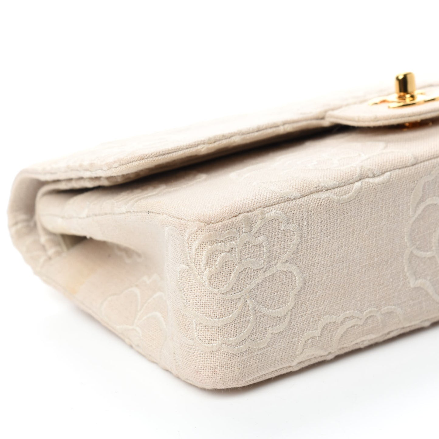 Canvas Camellia Embroidered Medium Double Flap Ivory