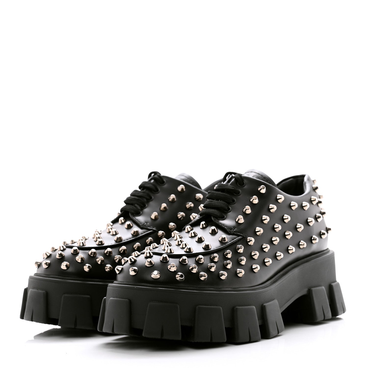 Prada Spazzolato Rois Studded Lace Up Monolith 55mm Derby Loafers 39 Black 3 of 8