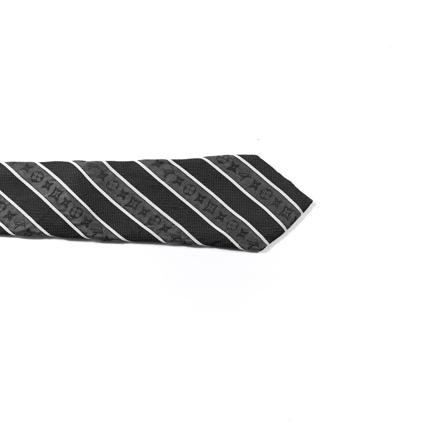 Silk Jacquard Monogram Mens Striped Neck Tie Grey Black