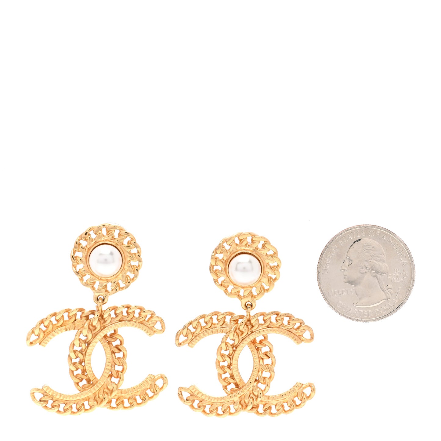 Metal Pearl CC Chain Drop Earrings Gold
