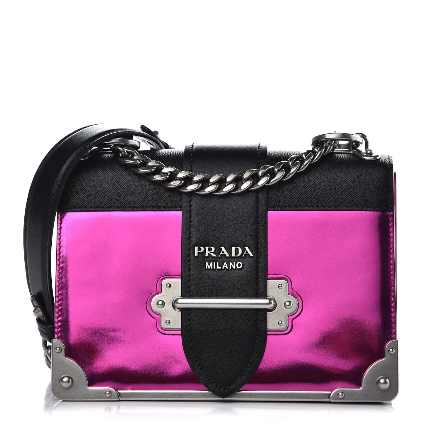 Metallic Vitello Saffiano Cahier Bag Fuxia Black