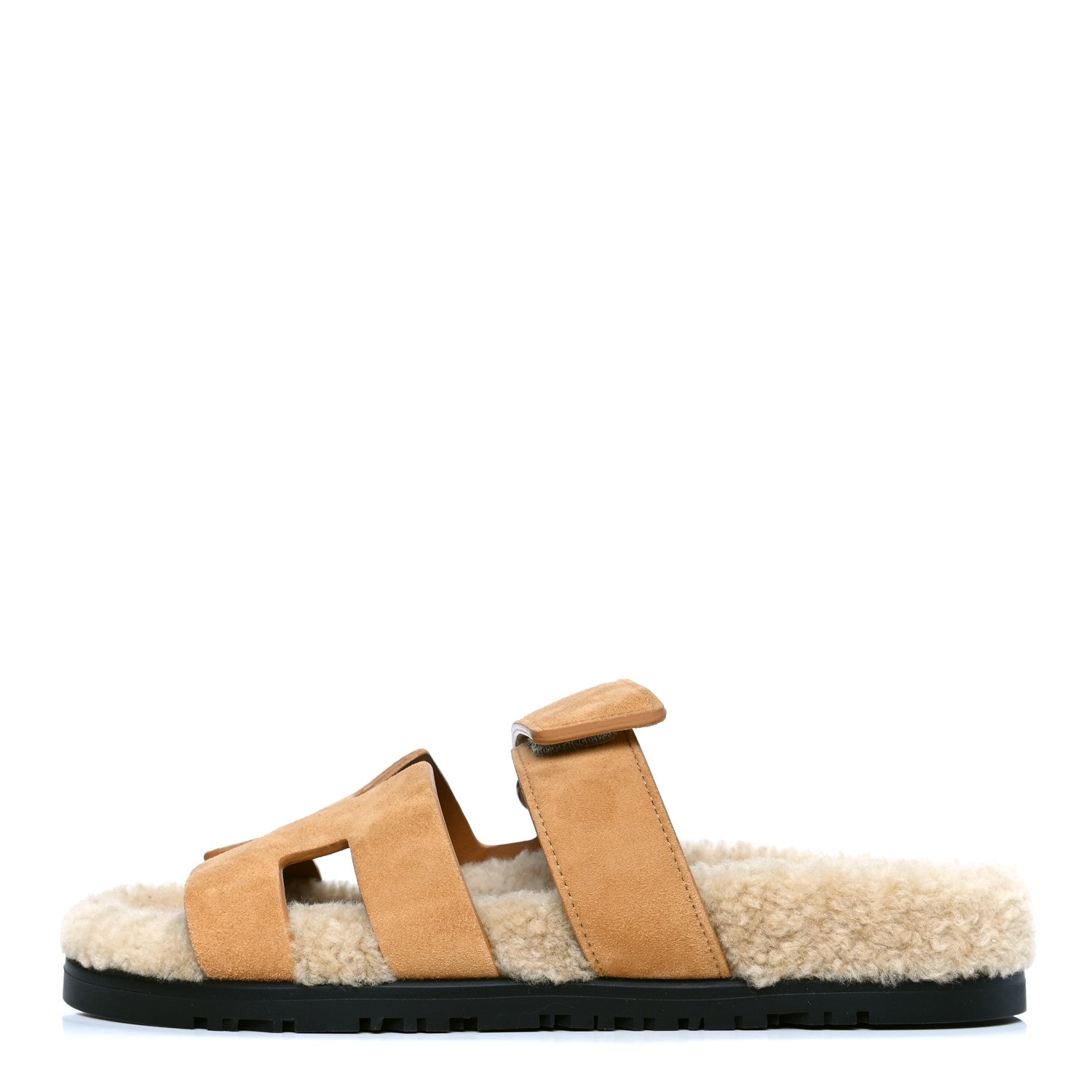 Hermes Suede Goatskin Woolskin Womens Chypre Sandals 36.5 Golden Beige 1 of 4