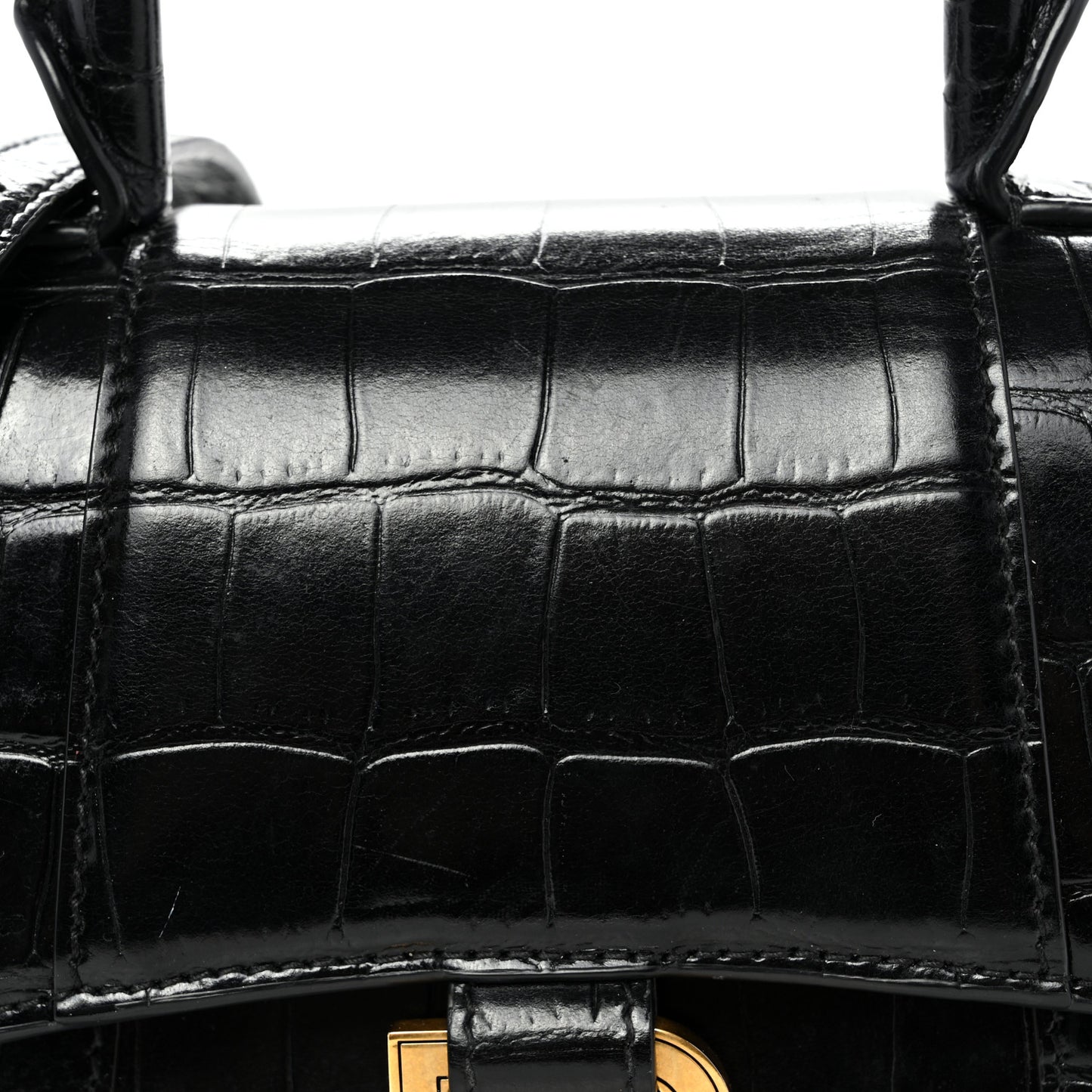Shiny Calfskin Crocodile Embossed Hourglass Top Handle Bag XS Black