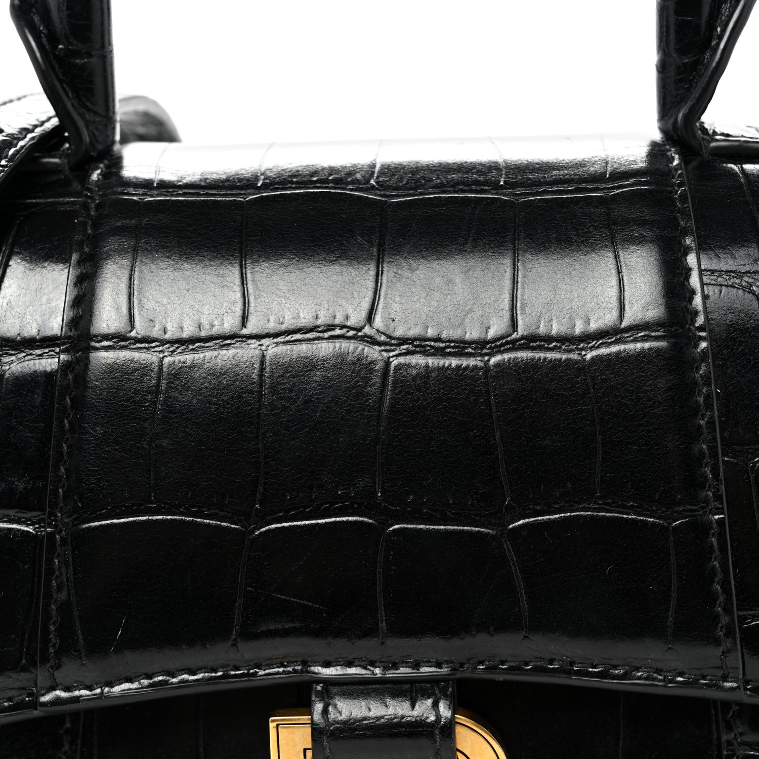 Balenciaga Shiny Calfskin Crocodile Embossed Hourglass Top Handle Bag XS Black 7 of 11