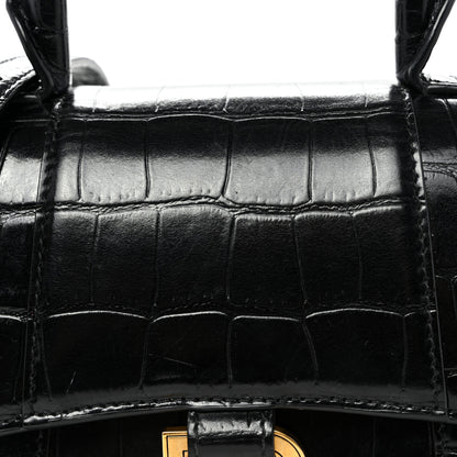 Balenciaga Shiny Calfskin Crocodile Embossed Hourglass Top Handle Bag XS Black 7 of 11