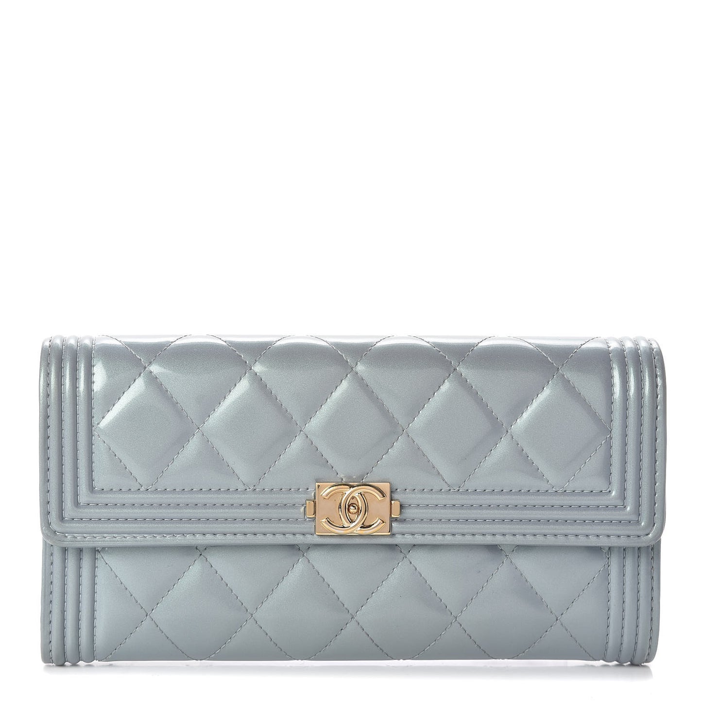 Metallic Patent Calfskin Quilted Boy Large Gusset Flap Wallet Light Blue