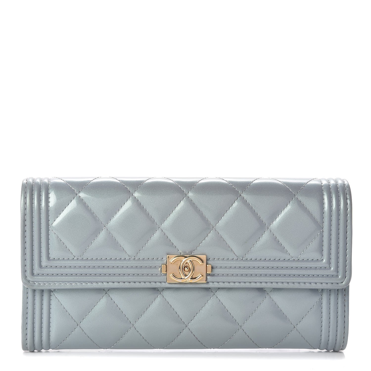 Chanel Metallic Patent Calfskin Quilted Boy Large Gusset Flap Wallet Light Blue 1 of 8