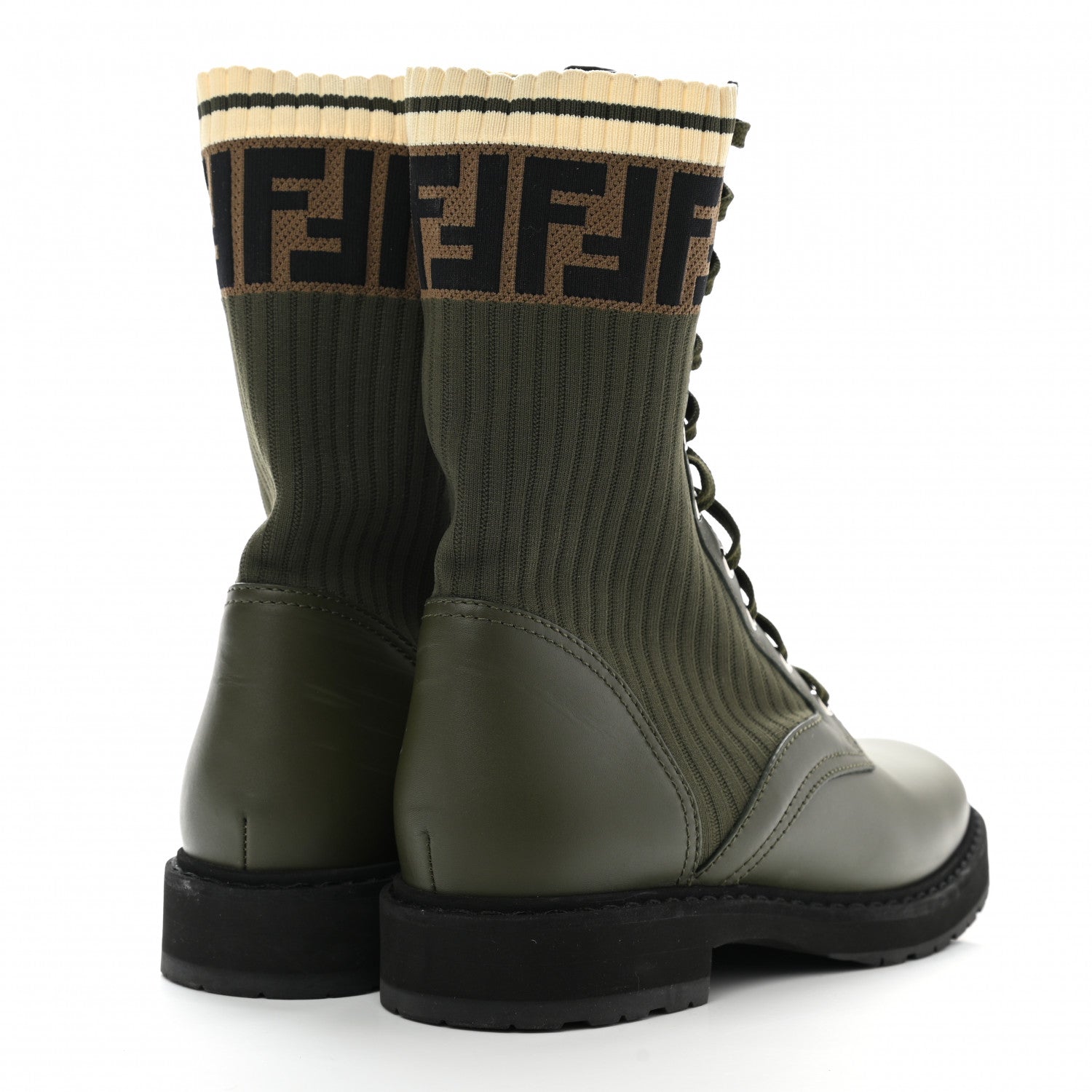 Fendi Vitello Stretch Fabric FF Rockoko Biker Boots 39 Military Oliva Tobacco Black 4 of 8