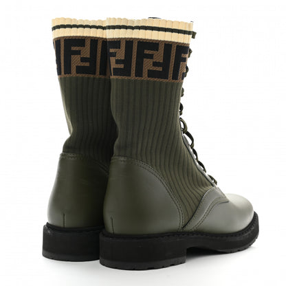 Fendi Vitello Stretch Fabric FF Rockoko Biker Boots 39 Military Oliva Tobacco Black 4 of 8