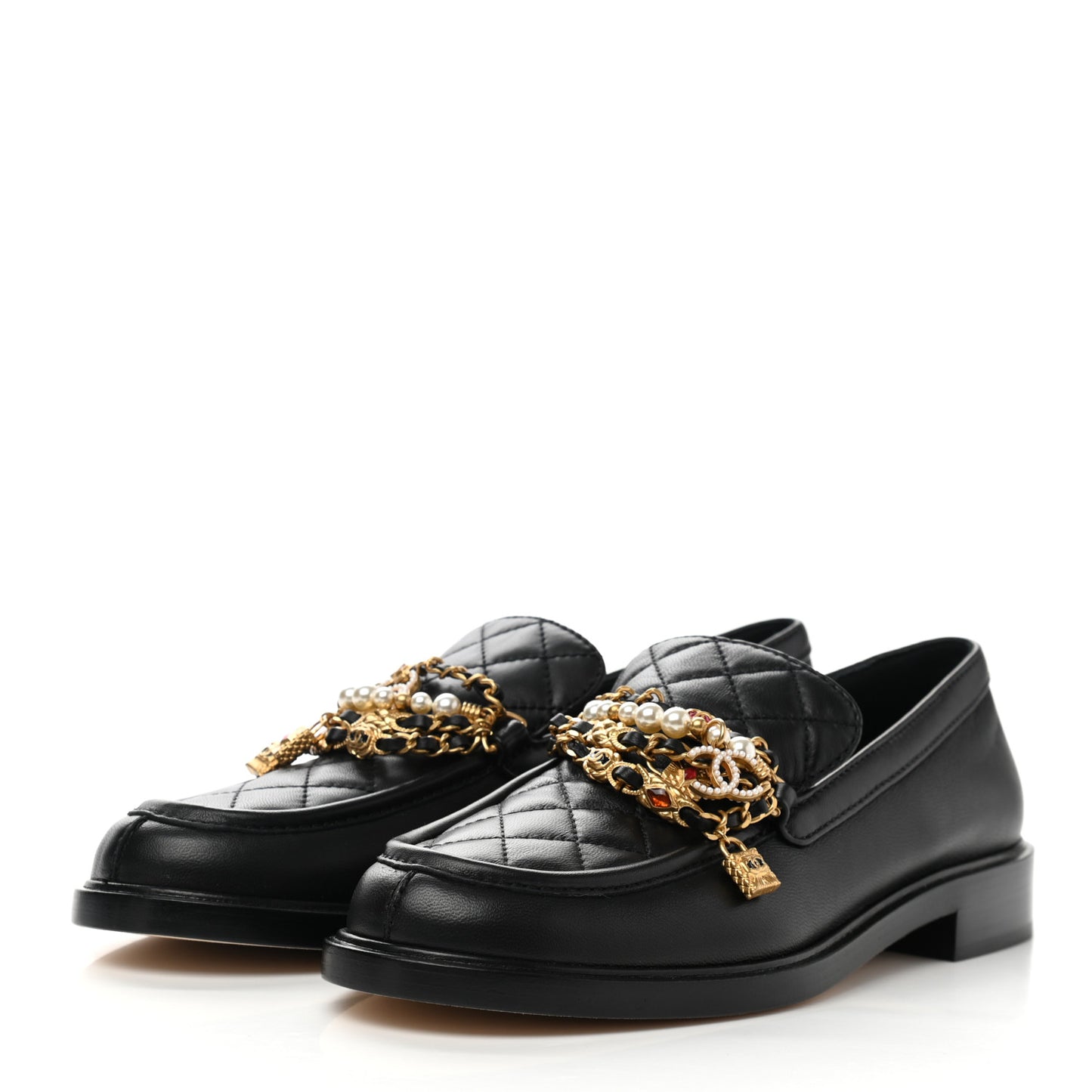 Lambskin Pearl Crystal Quilted CC Logo Jewelry Loafers 39 Black
