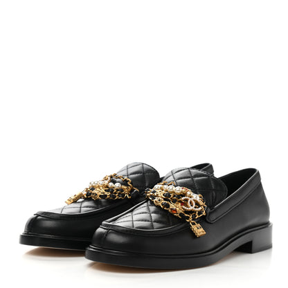 Chanel Lambskin Pearl Crystal Quilted CC Logo Jewelry Loafers 39 Black 3 of 8