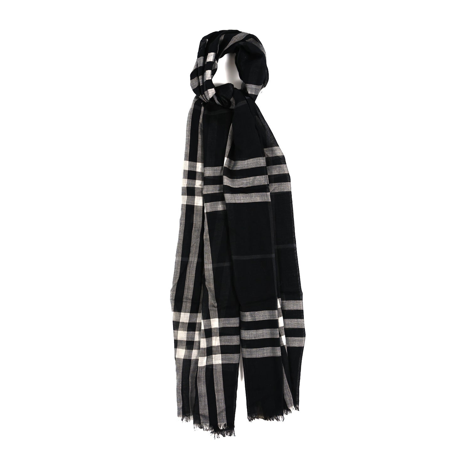 Wool Silk Giant Check Gauze Scarf Black