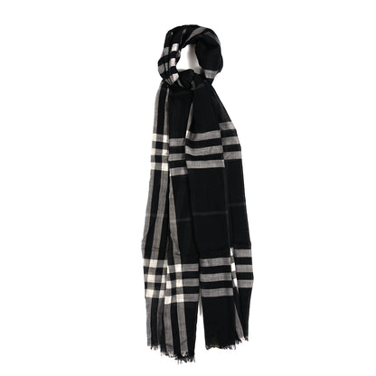 Burberry Wool Silk Giant Check Gauze Scarf Black 1 of 3