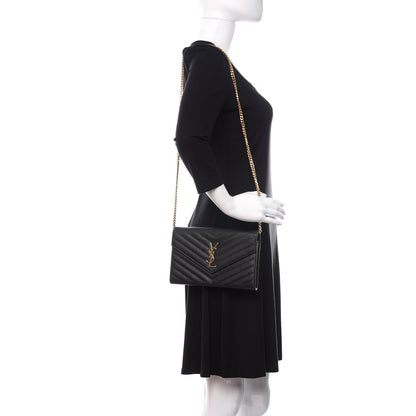 Saint Laurent Grain De Poudre Matelasse Chevron Monogram Chain Wallet Black 2 of 14