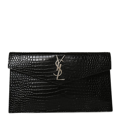 Saint Laurent Calfskin Crocodile Embossed Uptown Monogram Clutch Black 1 of 10