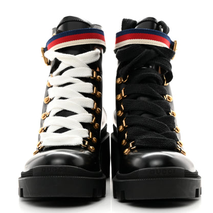 Gucci Calfskin Sylvie Web Womens Lace Up Combat Boots 38 Black 2 of 9