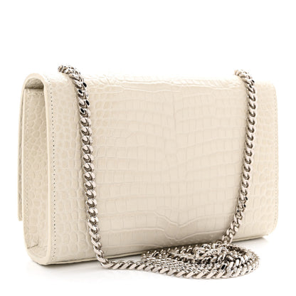 Saint Laurent Calfskin Crocodile Embossed Small Classic Monogram Kate Tassel Satchel Blanc Vintage 3 of 10