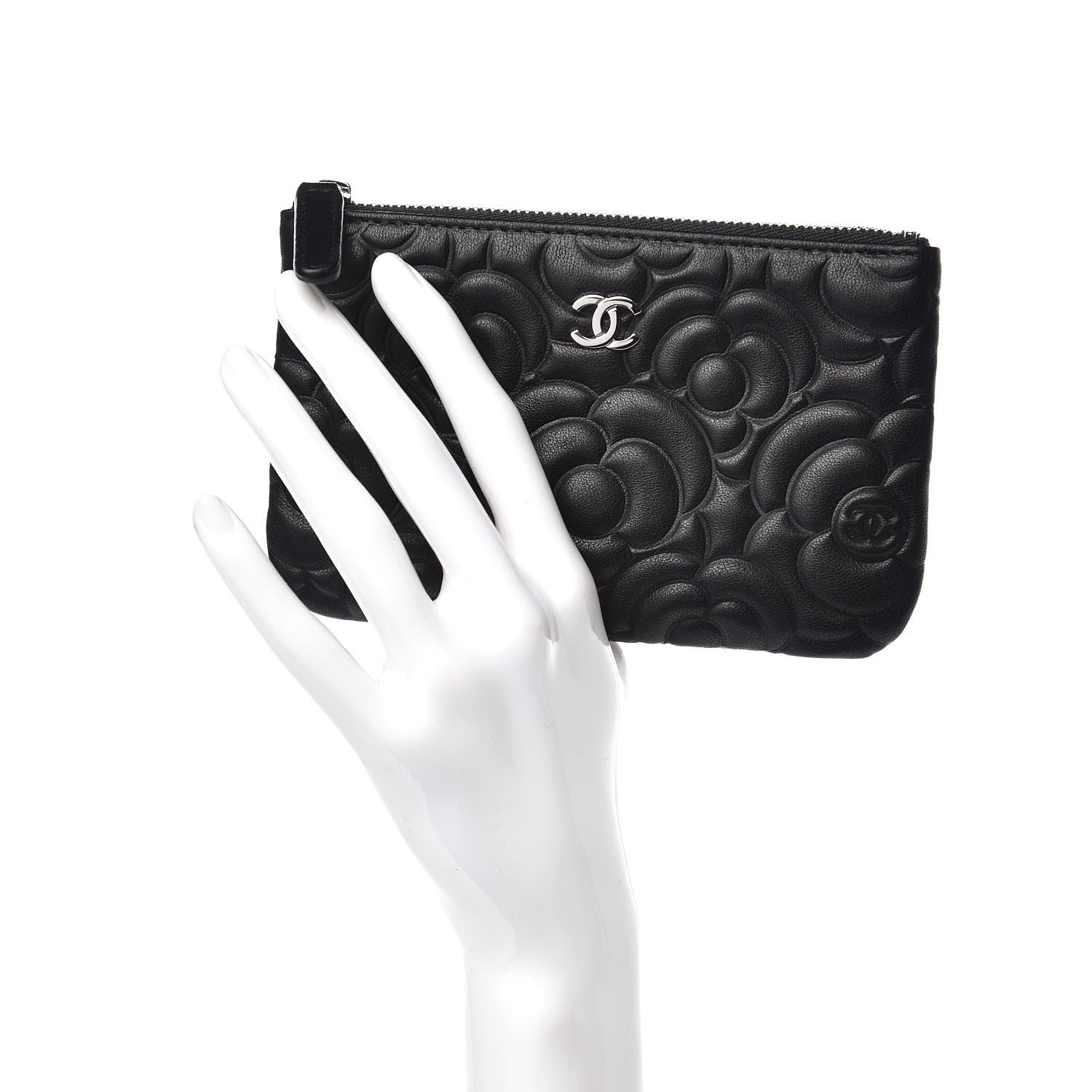 Chanel Goatskin Camellia Embossed Cosmetic Pouch Black 2 of 7
