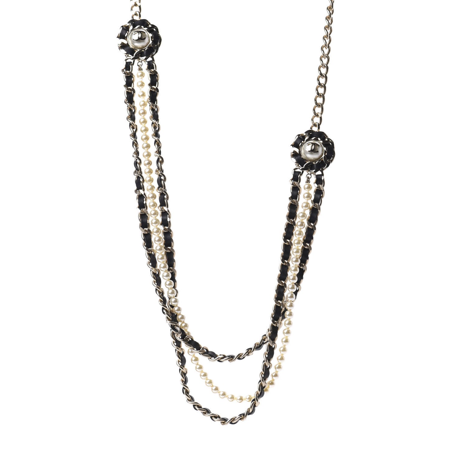 Lambskin CC Pearl Chain Necklace Black Gold