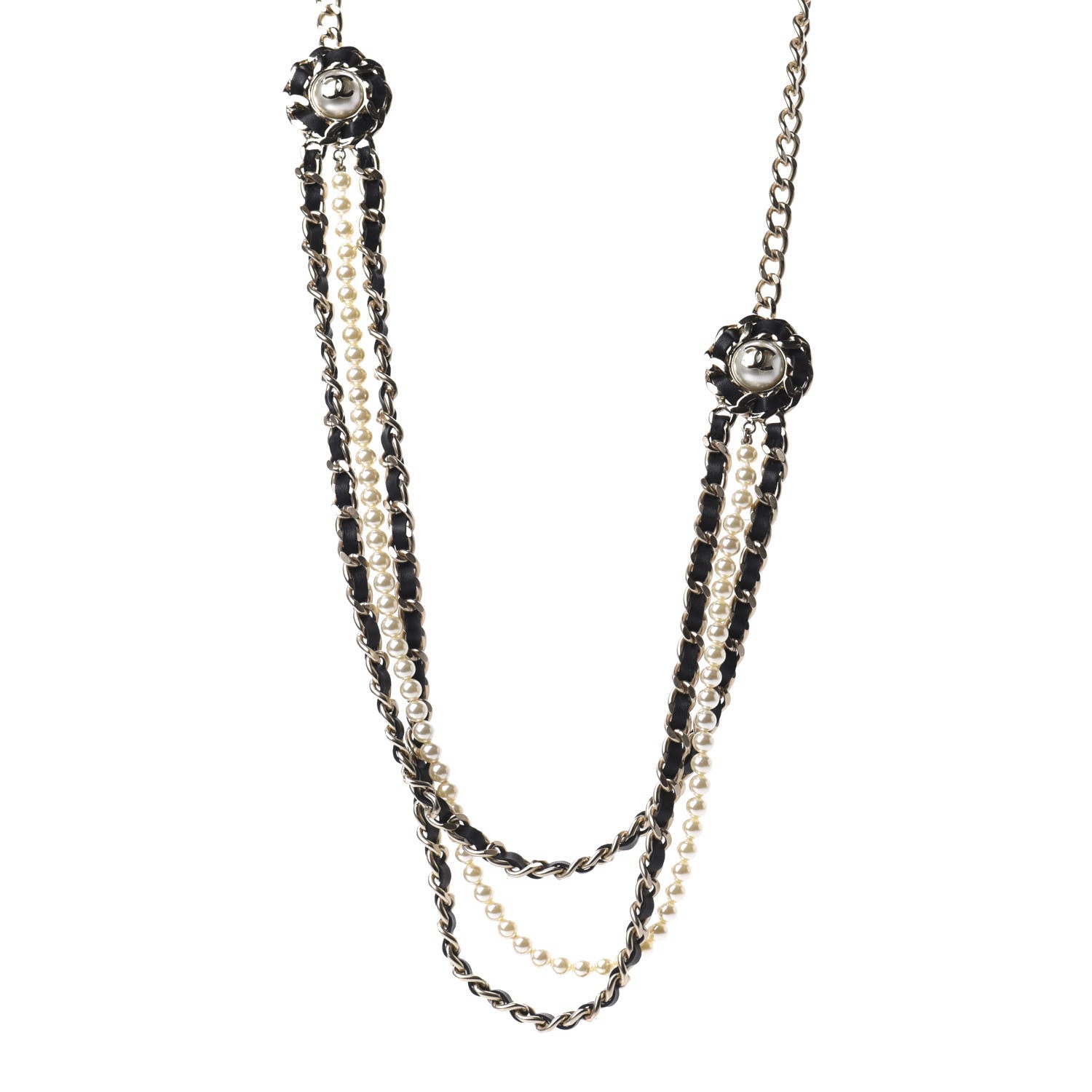 Chanel Lambskin CC Pearl Chain Necklace Black Gold 1 of 7