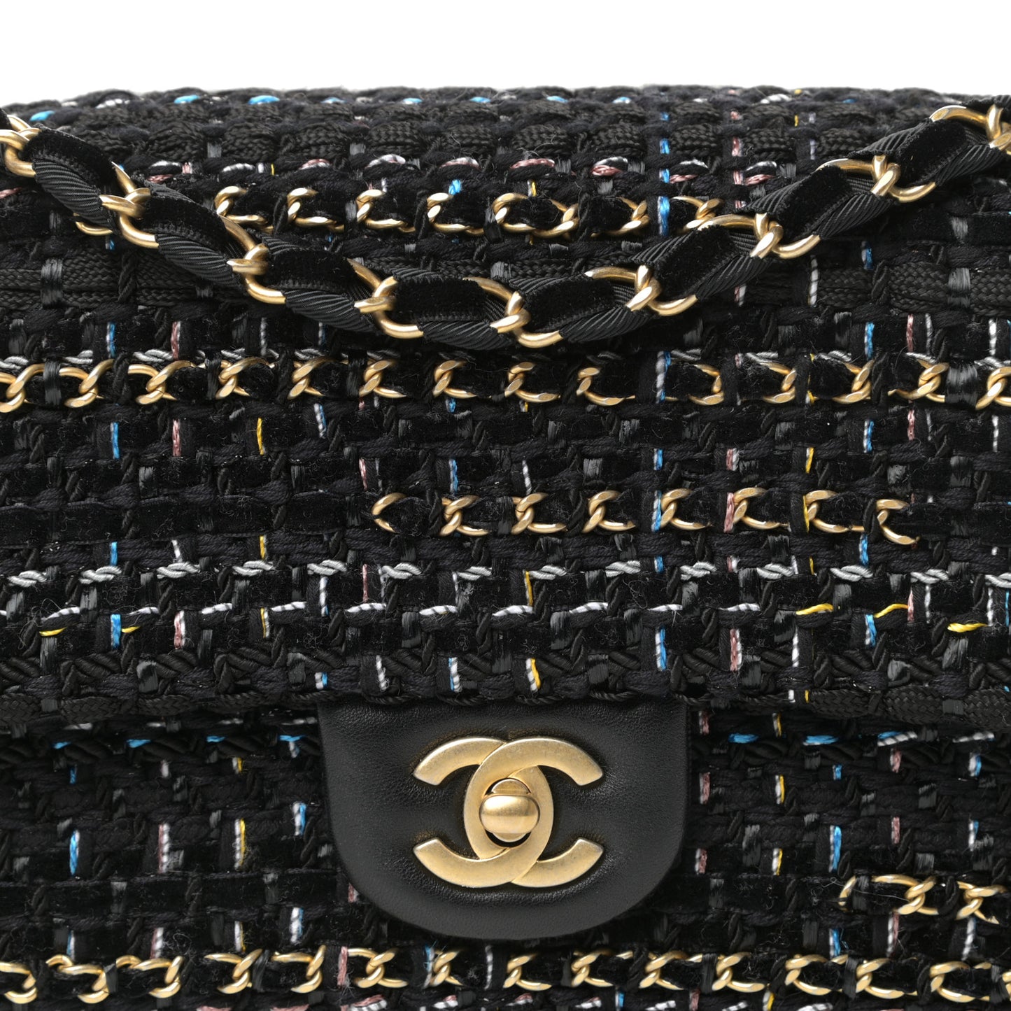 Tweed Chain Braid Medium Single Flap Black