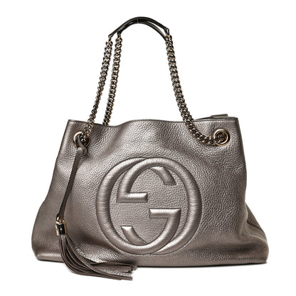 Gucci Metallic Pebbled Calfskin Medium Soho Chain Shoulder Bag Golden Beige 1 of 16