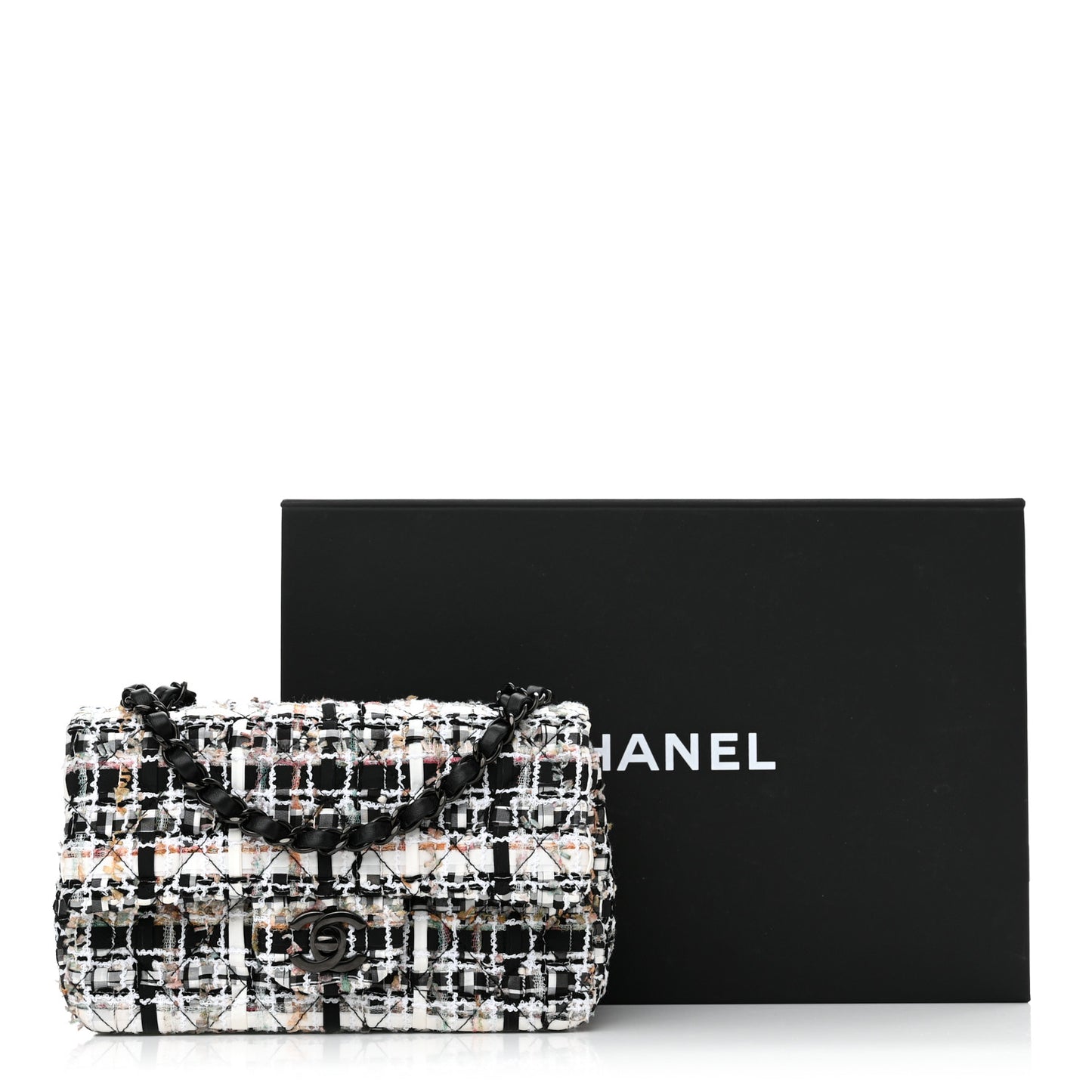 Tweed Quilted Mini Rectangular Flap White Black Multicolor