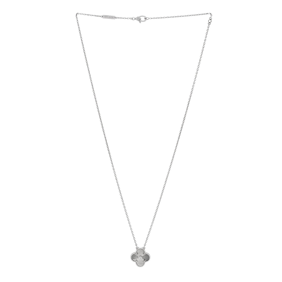 18K White Gold Diamond Guilloche Vintage Alhambra Pendant Necklace