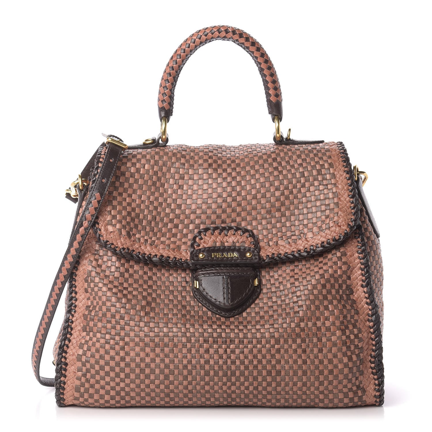Prada Goatskin Woven Top Handle Satchel Petalo Caffe 1 of 10