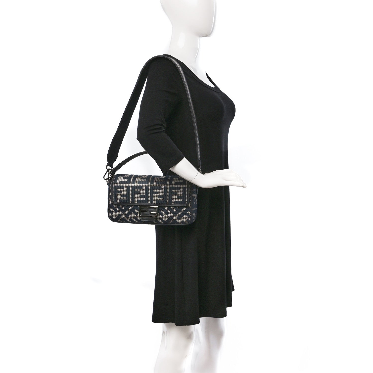 Fendi Wool Vitello King Houndstooth FF Embroidered Baguette Grigio Anthracite 2 of 9