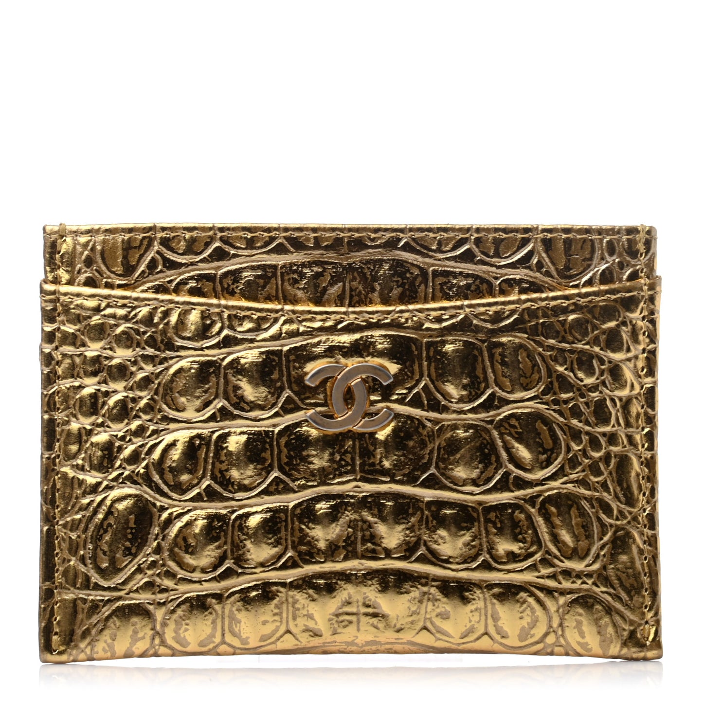 Metallic Calfskin Crocodile Embossed Cocodile Card Holder Gold