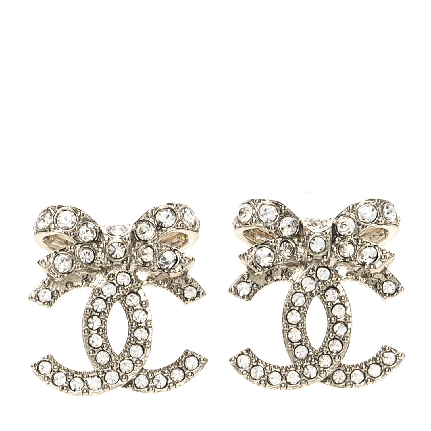 Chanel Crystal CC Bow Dangle Earrings Gold 1 of 5