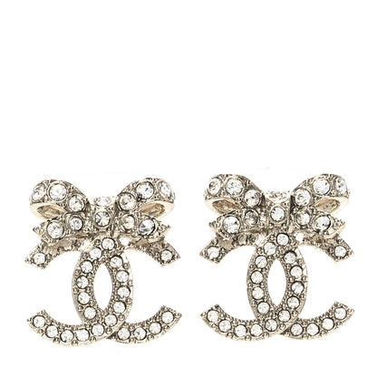 Chanel Crystal CC Bow Dangle Earrings Gold 1 of 5