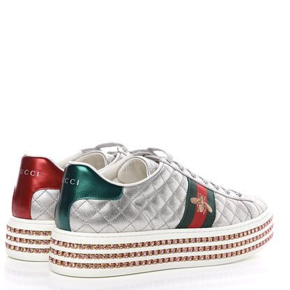 Gucci Laminated Nappa Crystal Web Bee Embroidered Trapuntata Womens Ace Platform Sneakers 40 Argento 4 of 8