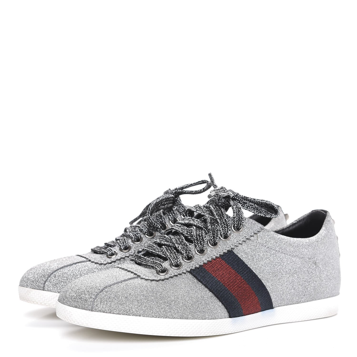 Gucci Glitter Fabric Studded Web Womens Sneakers 36.5 Silver 3 of 9