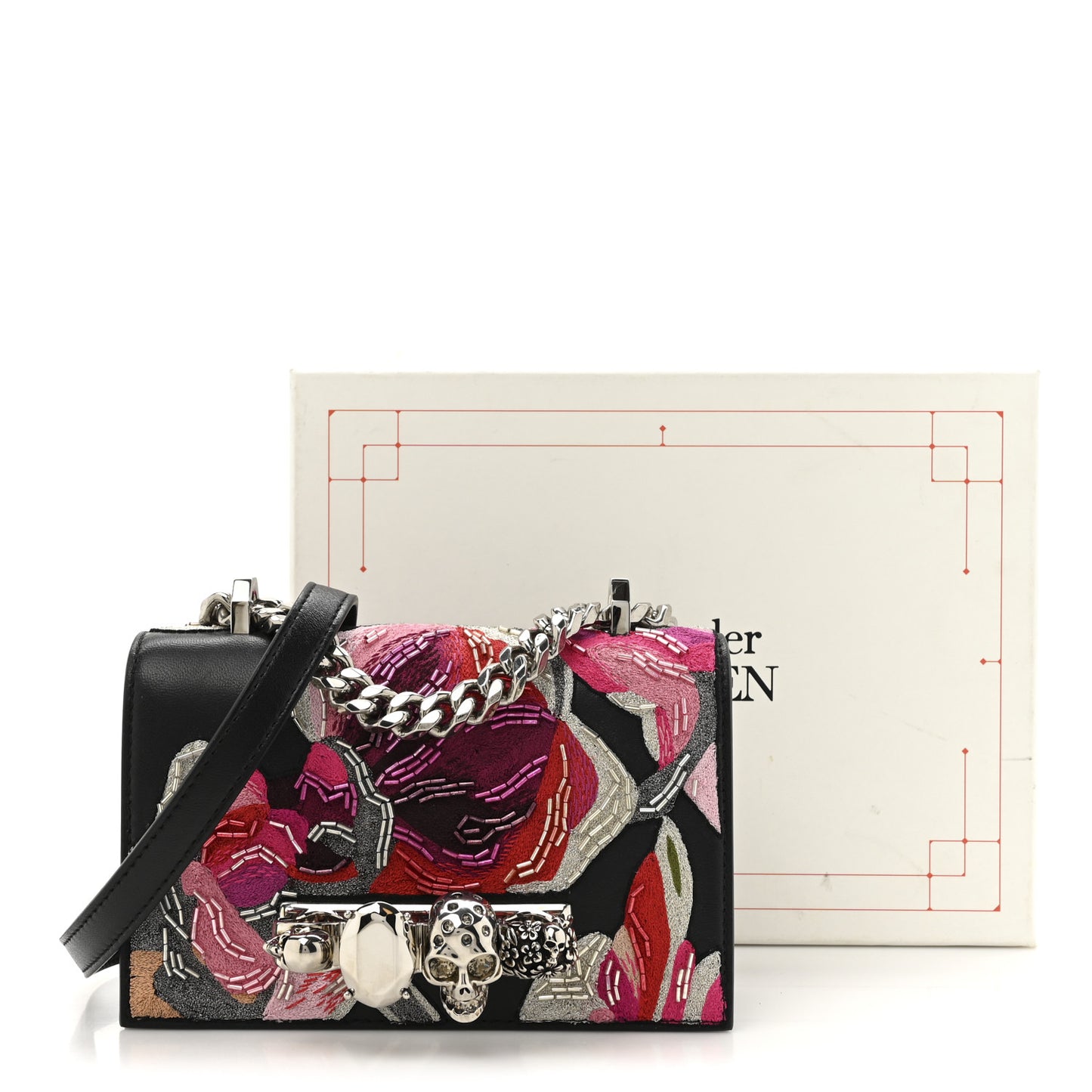 Calfskin Beaded Embroidered Solarised Orchid Mini Jeweled Knuckle Satchel Black Multicolor